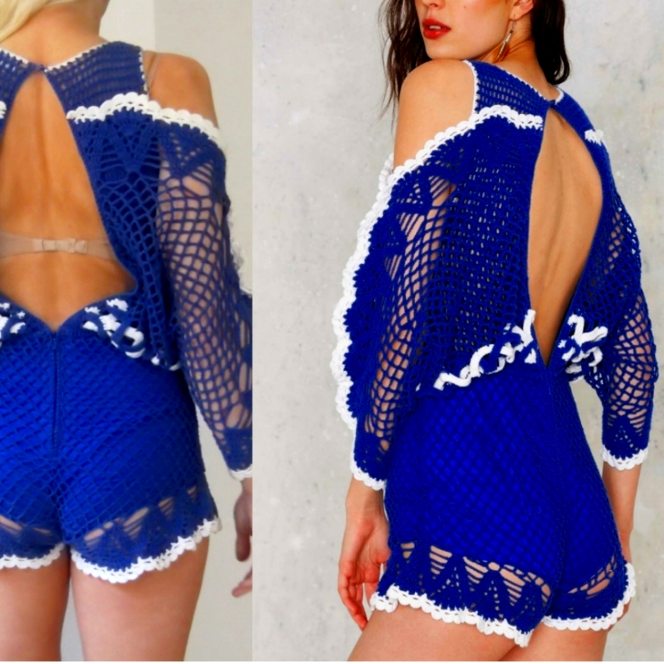 Alice Mcall Festival Cobalt Blue She's Royal Crochet Knit White Romper 2 Fits S